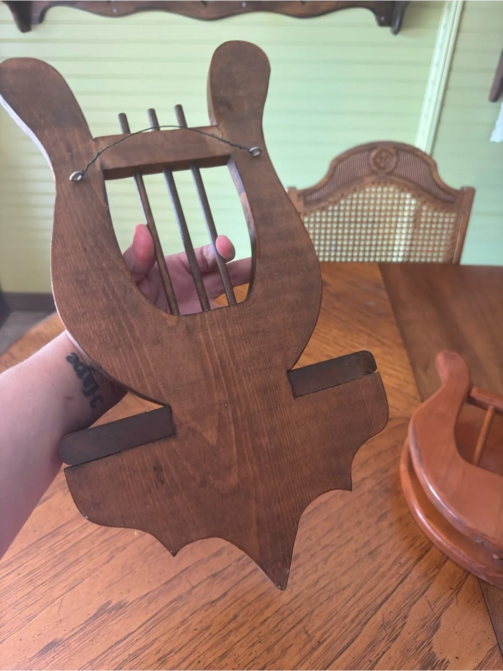 Vintage Rustic Lyre-Style Wooden Wall Shelf & Plate Holder Set